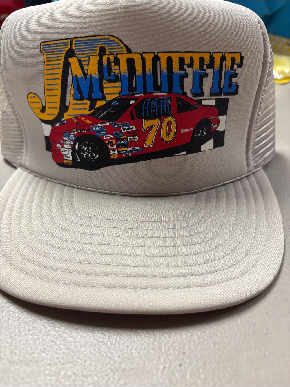 McDuffie Beige Trucker Hat with Red Race Car Graphic